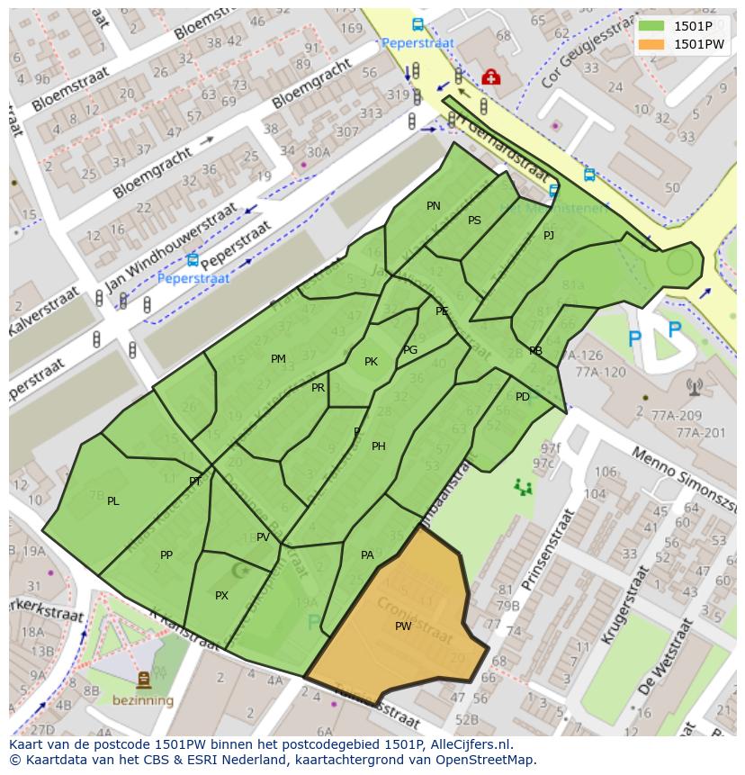 Afbeelding van het postcodegebied 1501 PW op de kaart.