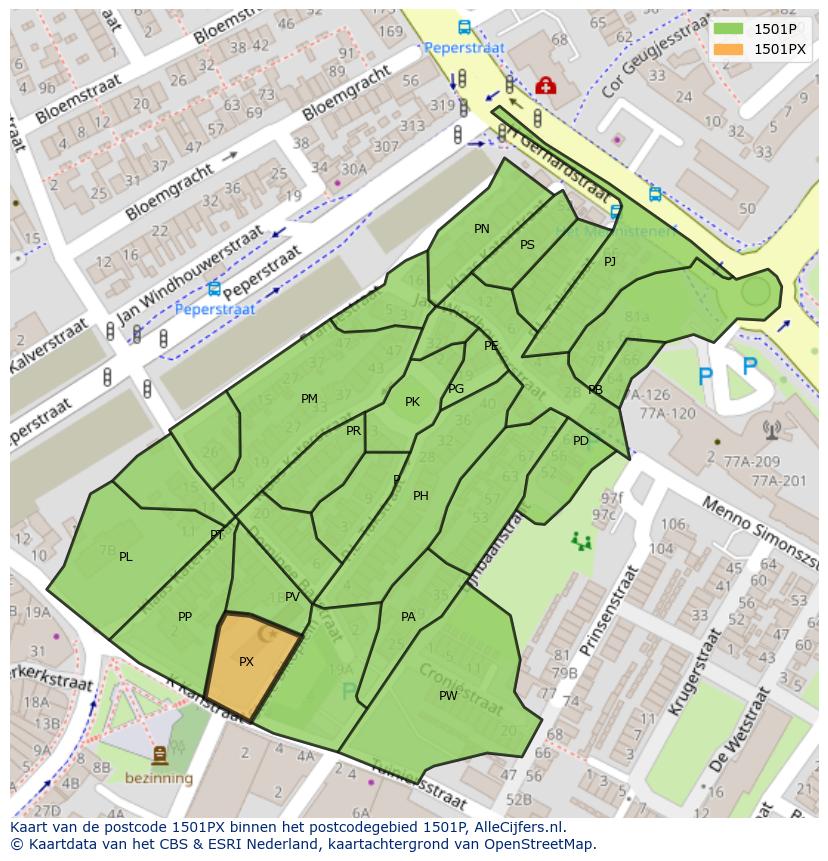Afbeelding van het postcodegebied 1501 PX op de kaart.