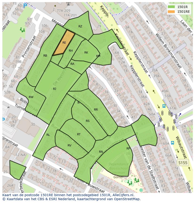 Afbeelding van het postcodegebied 1501 RE op de kaart.