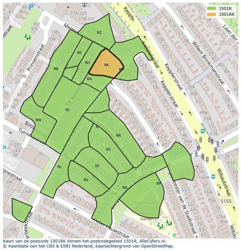 Afbeelding van het postcodegebied 1501 RK op de kaart.