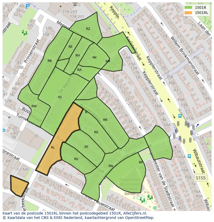 Afbeelding van het postcodegebied 1501 RL op de kaart.