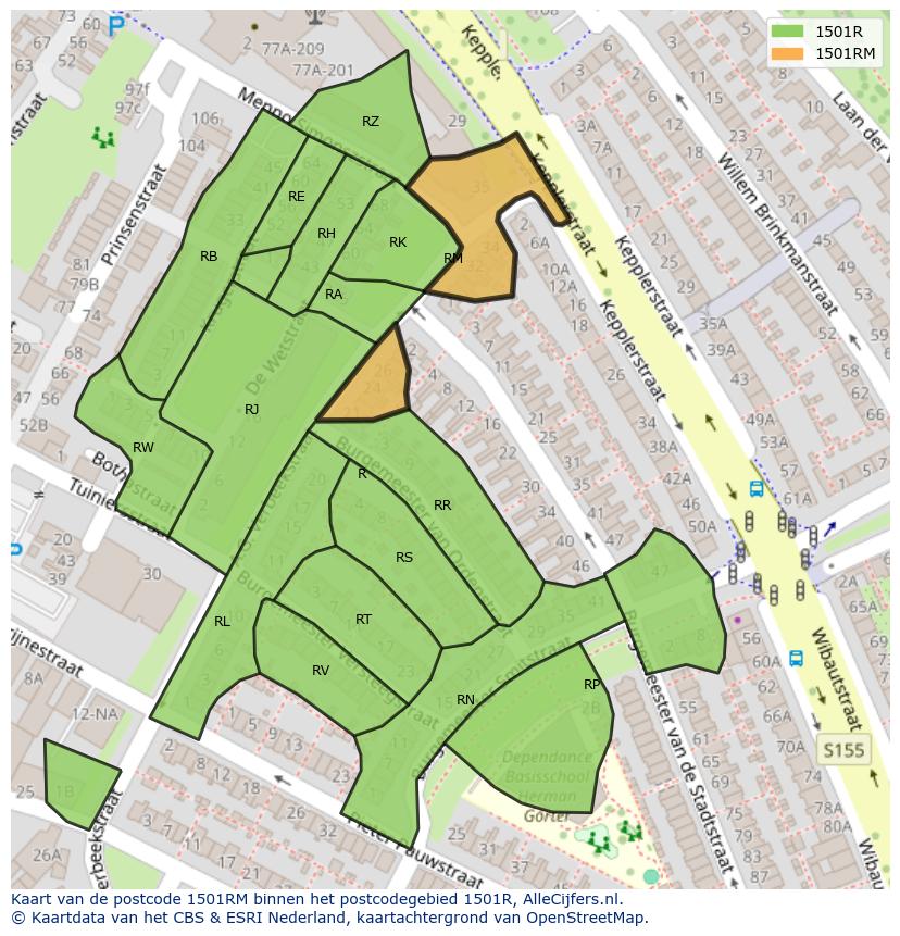 Afbeelding van het postcodegebied 1501 RM op de kaart.