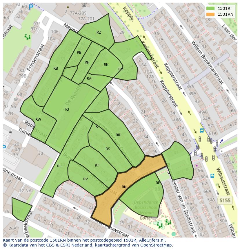 Afbeelding van het postcodegebied 1501 RN op de kaart.