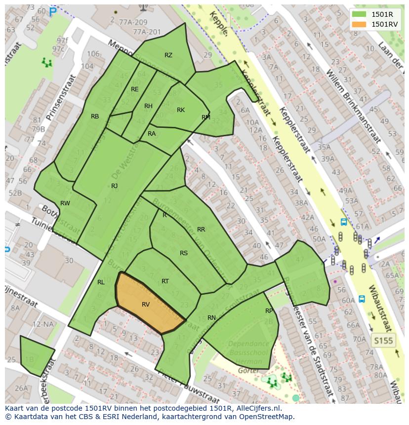 Afbeelding van het postcodegebied 1501 RV op de kaart.