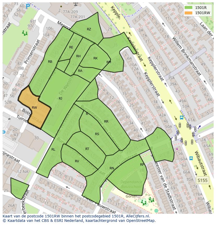 Afbeelding van het postcodegebied 1501 RW op de kaart.