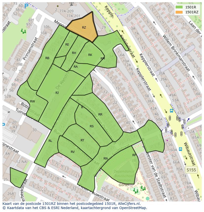 Afbeelding van het postcodegebied 1501 RZ op de kaart.