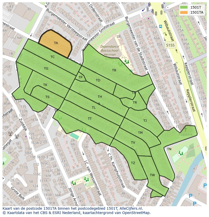 Afbeelding van het postcodegebied 1501 TA op de kaart.
