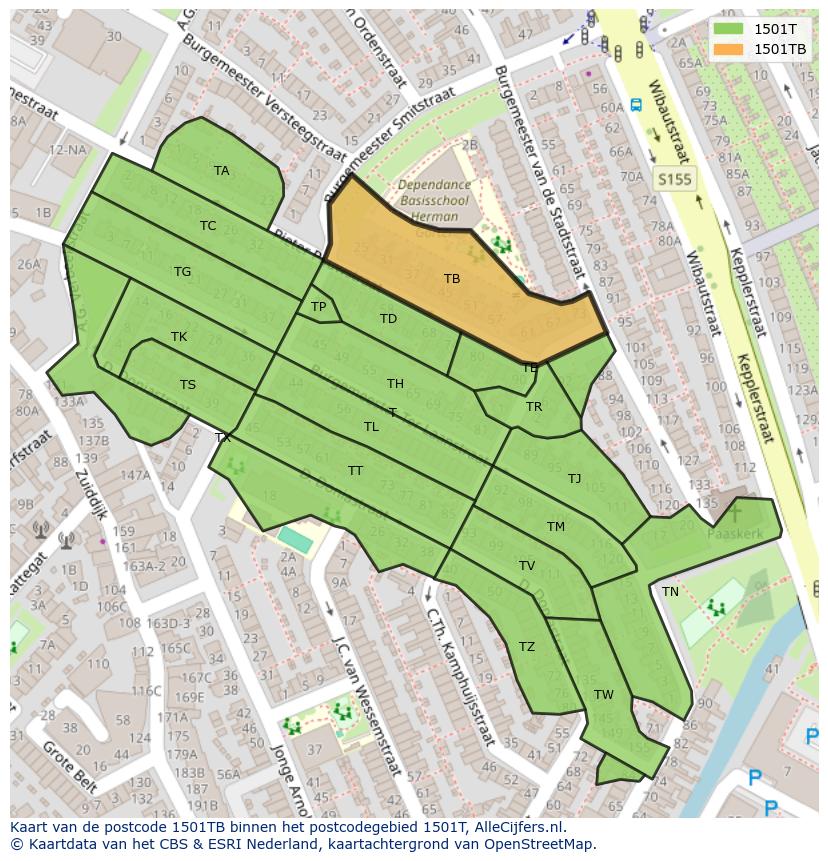 Afbeelding van het postcodegebied 1501 TB op de kaart.