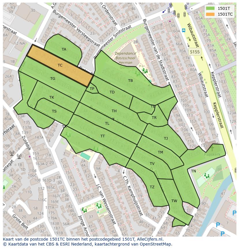 Afbeelding van het postcodegebied 1501 TC op de kaart.