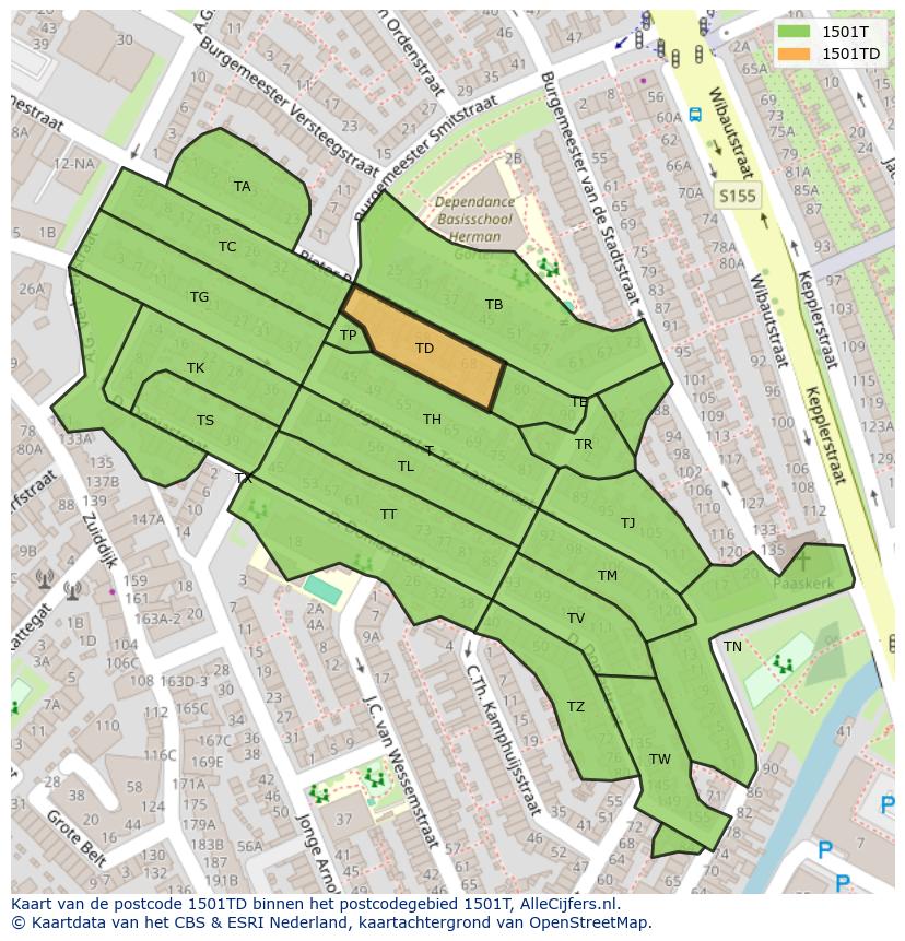 Afbeelding van het postcodegebied 1501 TD op de kaart.