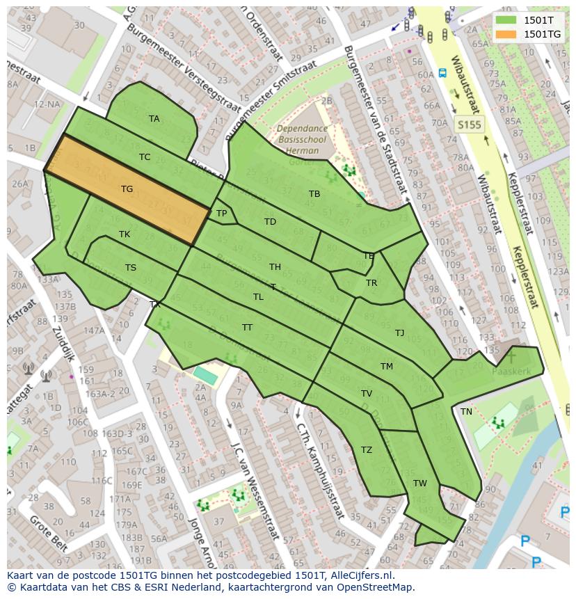 Afbeelding van het postcodegebied 1501 TG op de kaart.