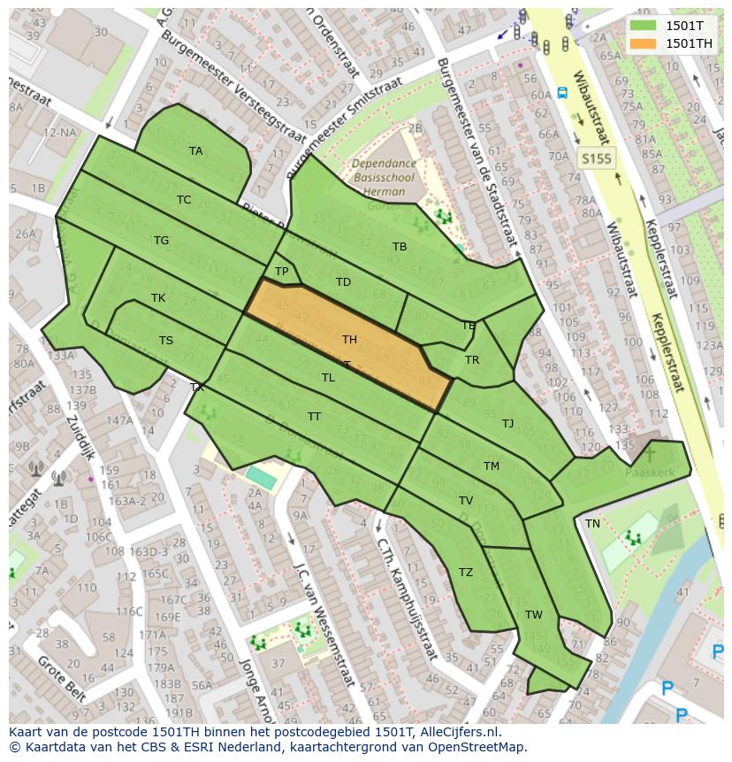 Afbeelding van het postcodegebied 1501 TH op de kaart.