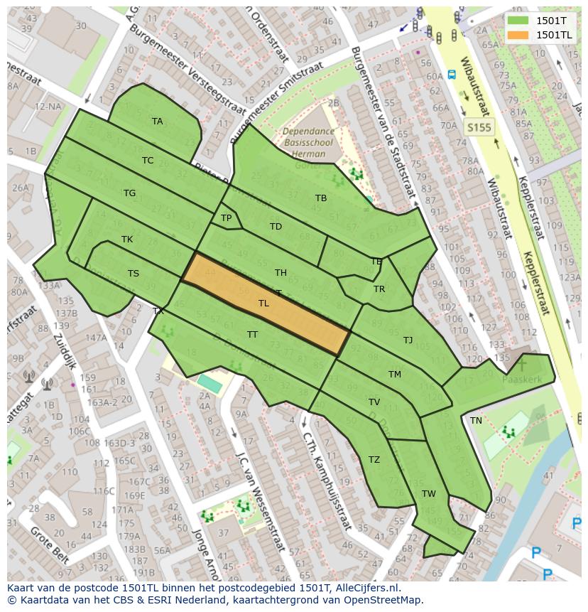 Afbeelding van het postcodegebied 1501 TL op de kaart.