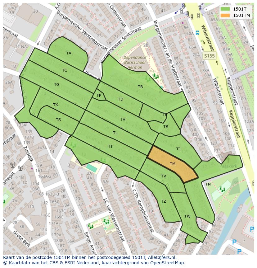 Afbeelding van het postcodegebied 1501 TM op de kaart.