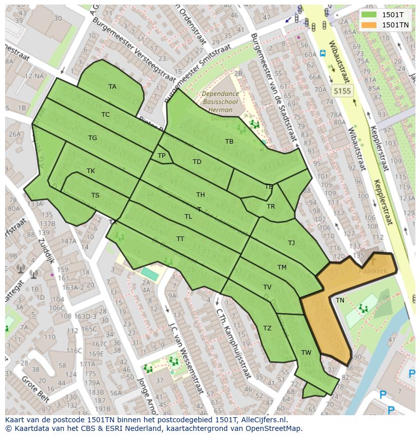 Afbeelding van het postcodegebied 1501 TN op de kaart.
