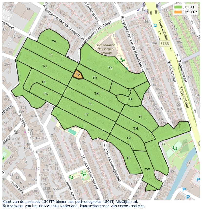 Afbeelding van het postcodegebied 1501 TP op de kaart.