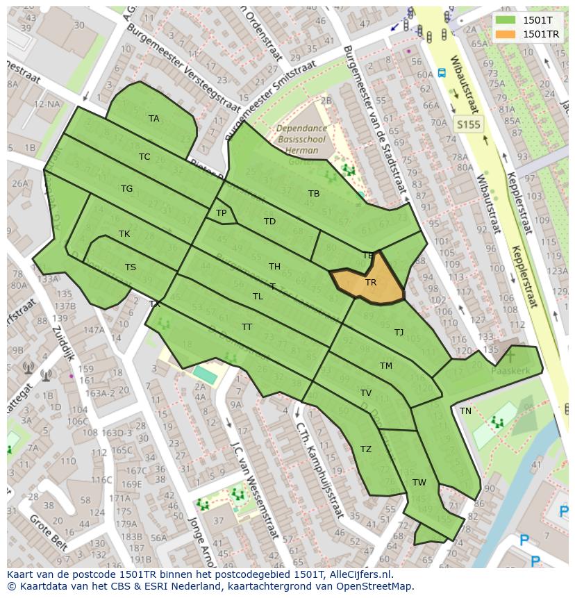 Afbeelding van het postcodegebied 1501 TR op de kaart.