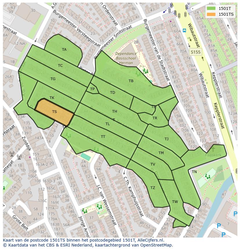 Afbeelding van het postcodegebied 1501 TS op de kaart.