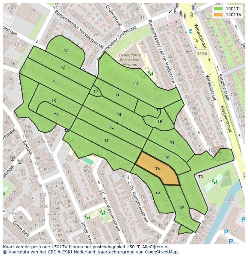 Afbeelding van het postcodegebied 1501 TV op de kaart.