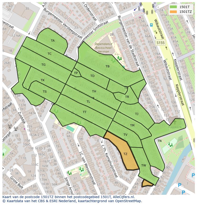 Afbeelding van het postcodegebied 1501 TZ op de kaart.