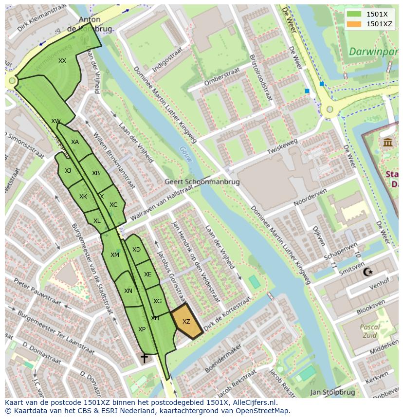 Afbeelding van het postcodegebied 1501 XZ op de kaart.