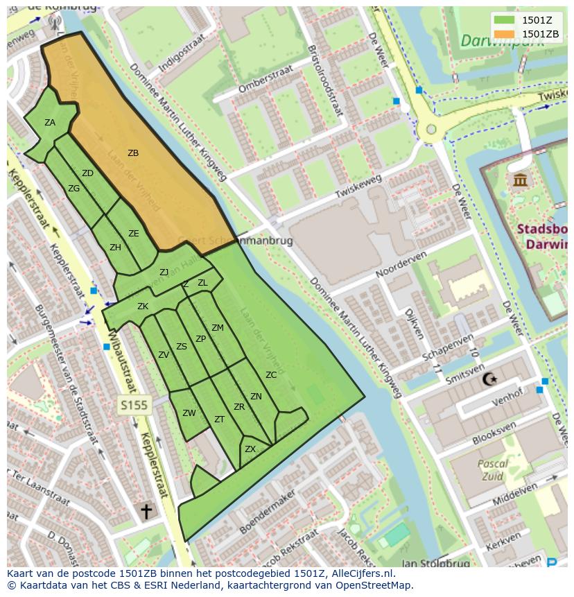 Afbeelding van het postcodegebied 1501 ZB op de kaart.