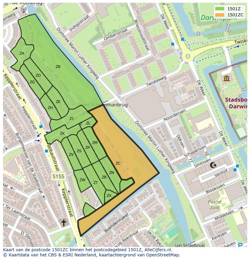 Afbeelding van het postcodegebied 1501 ZC op de kaart.