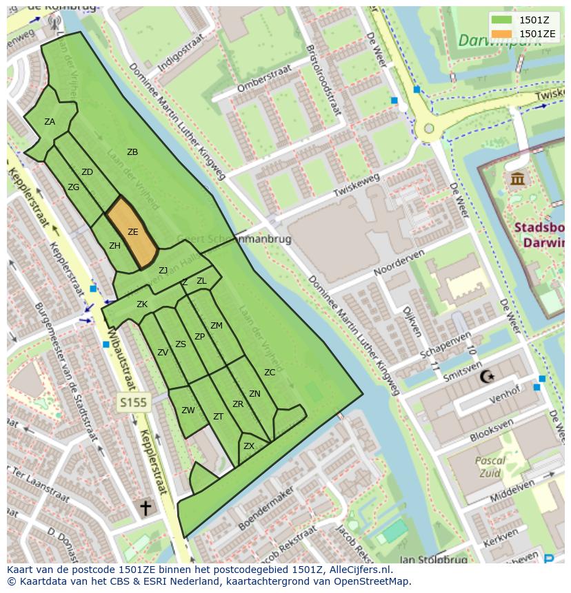 Afbeelding van het postcodegebied 1501 ZE op de kaart.