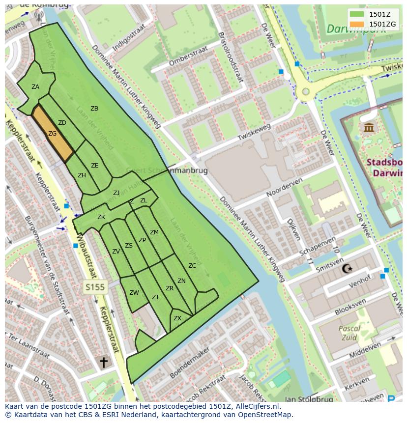 Afbeelding van het postcodegebied 1501 ZG op de kaart.