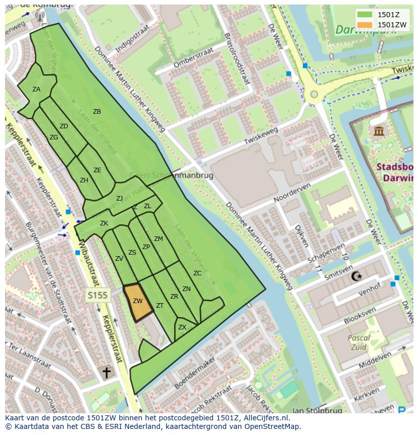 Afbeelding van het postcodegebied 1501 ZW op de kaart.