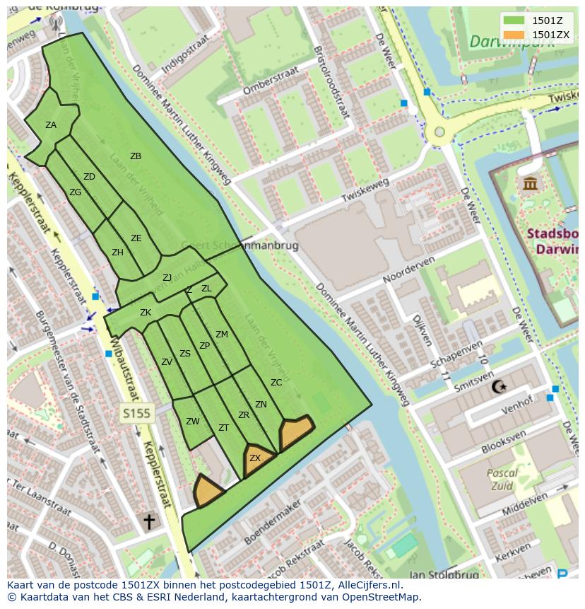 Afbeelding van het postcodegebied 1501 ZX op de kaart.