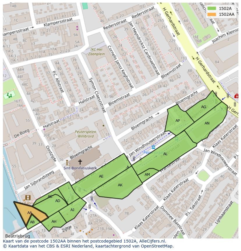 Afbeelding van het postcodegebied 1502 AA op de kaart.