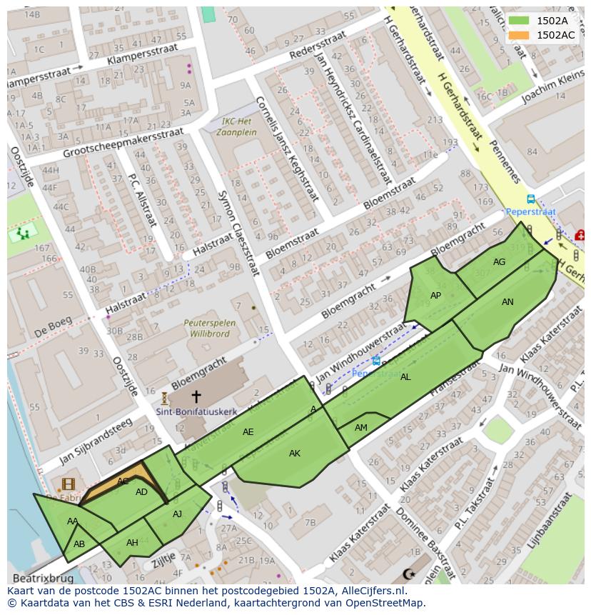 Afbeelding van het postcodegebied 1502 AC op de kaart.