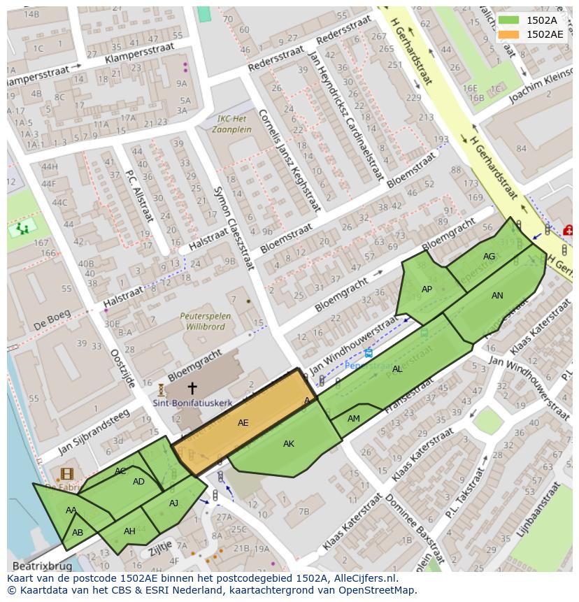 Afbeelding van het postcodegebied 1502 AE op de kaart.