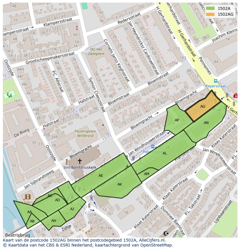 Afbeelding van het postcodegebied 1502 AG op de kaart.