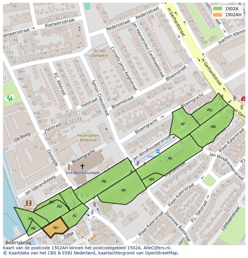 Afbeelding van het postcodegebied 1502 AH op de kaart.