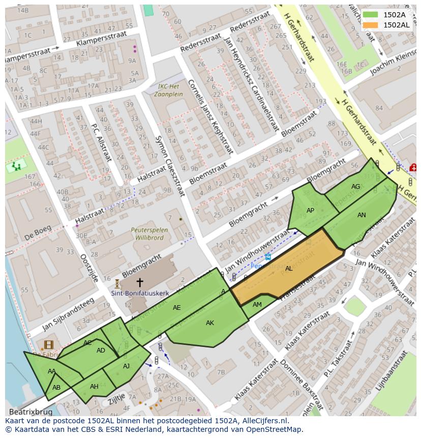 Afbeelding van het postcodegebied 1502 AL op de kaart.