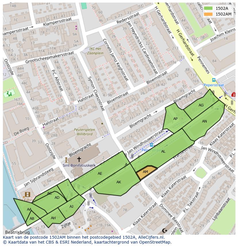 Afbeelding van het postcodegebied 1502 AM op de kaart.