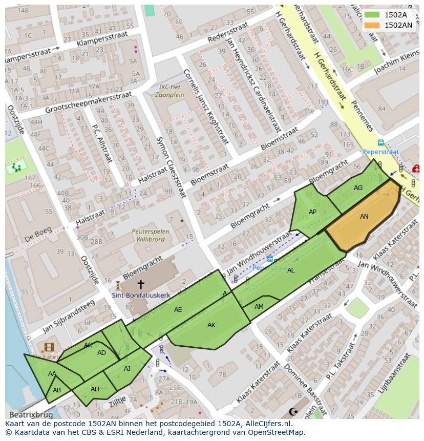 Afbeelding van het postcodegebied 1502 AN op de kaart.
