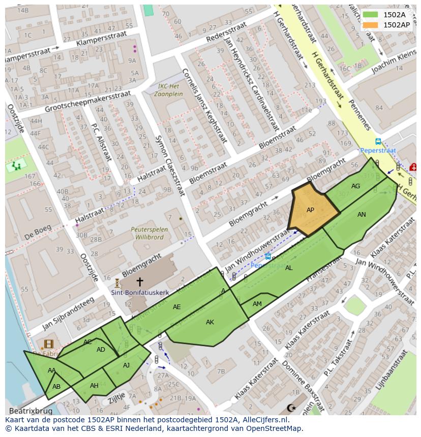 Afbeelding van het postcodegebied 1502 AP op de kaart.