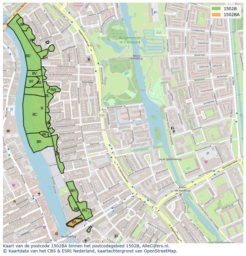 Afbeelding van het postcodegebied 1502 BA op de kaart.