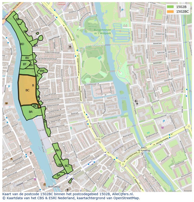 Afbeelding van het postcodegebied 1502 BC op de kaart.