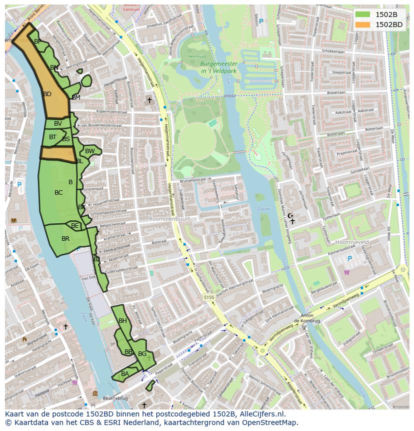 Afbeelding van het postcodegebied 1502 BD op de kaart.