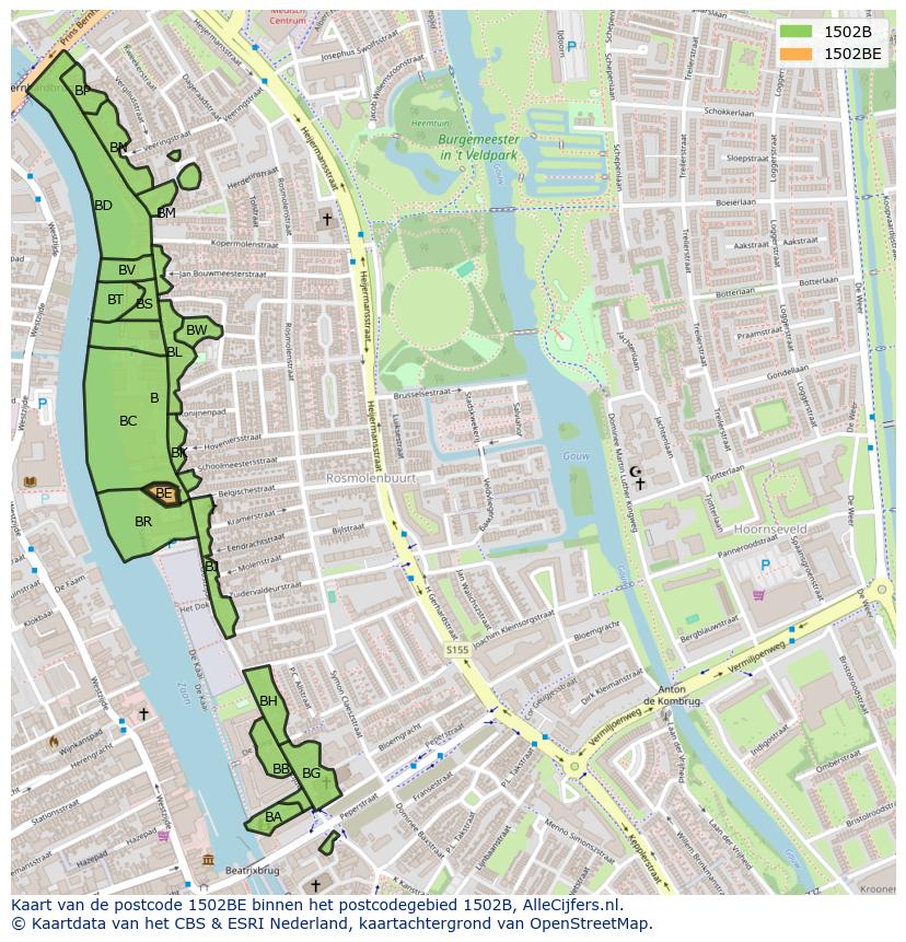 Afbeelding van het postcodegebied 1502 BE op de kaart.