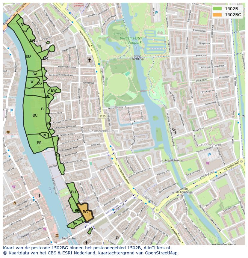 Afbeelding van het postcodegebied 1502 BG op de kaart.