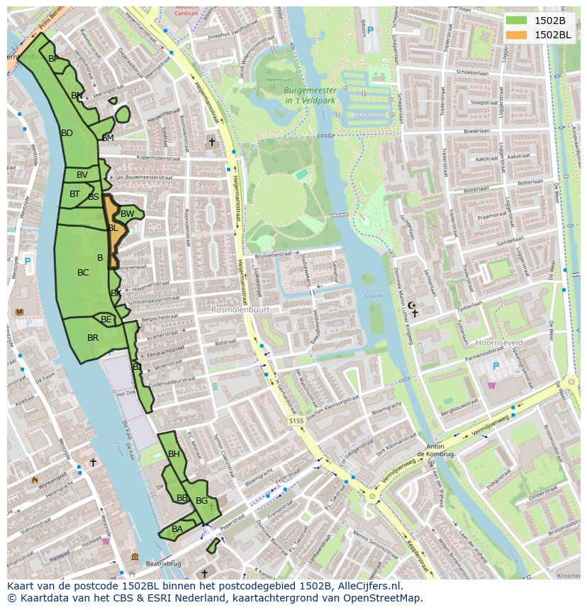 Afbeelding van het postcodegebied 1502 BL op de kaart.