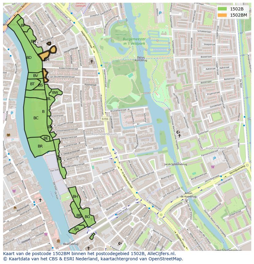 Afbeelding van het postcodegebied 1502 BM op de kaart.