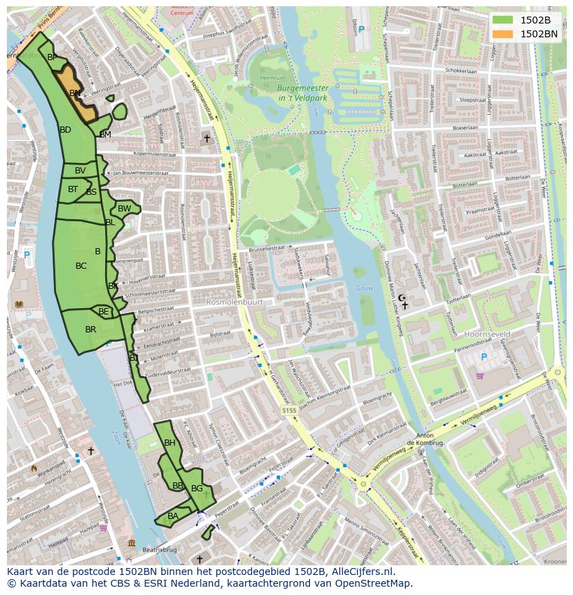 Afbeelding van het postcodegebied 1502 BN op de kaart.