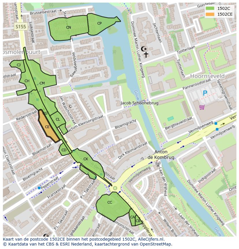 Afbeelding van het postcodegebied 1502 CE op de kaart.