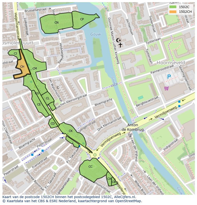 Afbeelding van het postcodegebied 1502 CH op de kaart.